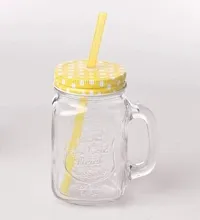 Kosh Mason Glass Jar with Lid and Straw Multicolour Mugs with Handle, Regular Mouth, Colorful Lids with Reusable Straw Beverages Glass Air Tight Frosty Jar with Handle Mason Mug-thumb3