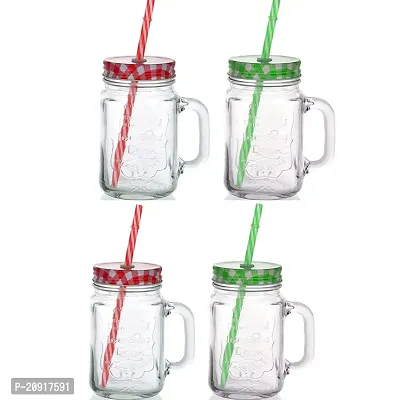 Kosh Mason Glass Jar with Lid and Straw Multicolour Mugs with Handle, Regular Mouth, Colorful Lids with Reusable Straw Beverages Glass Air Tight Frosty Jar with Handle Mason Mug (Pack of 4)