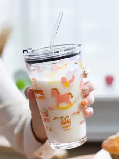 Birud Random Design Glass Tumbler with Lid and Silicon Straw Coffee Mug Tea Cup Travel Mug Heat Resistant Transparent Coffee Mug for Kids Coffee Mug Pack of (1, 400 ML)