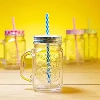 Colorful Mason Jar / Lid Glass / Glass Designer Mason Jars With Handle / Jar For Milk, Juice, Coffee , Shakes / Birthday Gift / Return Gift / Latest Design Glass Mason Jar  (500 ml, Pack of 6)-thumb1