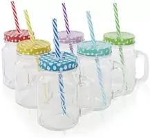 Colorful Mason Jar / Lid Glass / Glass Designer Mason Jars With Handle / Jar For Milk, Juice, Coffee , Shakes / Birthday Gift / Return Gift / Latest Design Glass Mason Jar  (500 ml, Pack of 6)-thumb2