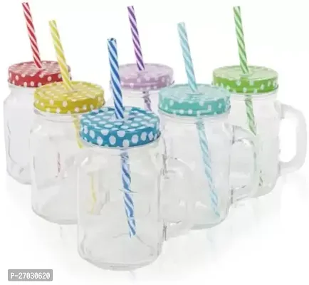 Colorful Mason Jar / Lid Glass / Glass Designer Mason Jars With Handle / Jar For Milk, Juice, Coffee , Shakes / Birthday Gift / Return Gift / Latest Design Glass Mason Jar  (500 ml, Pack of 6)-thumb3