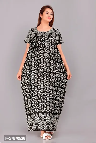 Stylish Black Cotton Printed Nighty For Women-thumb0