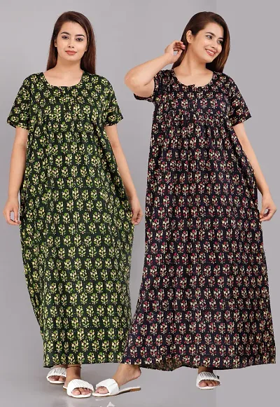 Cotton Collection Women's Wear Pure Cotton Printed Nightgown Cotton Maternity Wear Kaftan Maxi Long Nighty (Combo Pack of 2 Pieces)