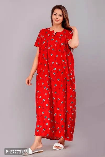 Elegant Red Cotton Printed Nighty For Women-thumb0