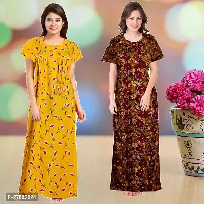 Elegant Multicoloured Cotton Printed Nighty For Women Combo Pack Of 2