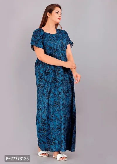 Elegant Blue Cotton Printed Nighty For Women-thumb0