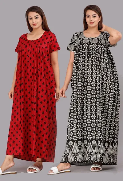JVSP Women's Fashionable Cotton Printed Front Zipper Half Sleeve Maxi Maternity Wear Kaftan Nightgown Nighty Size Upto?XXL