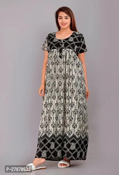 Stylish Black Cotton Printed Nighty For Women-thumb0