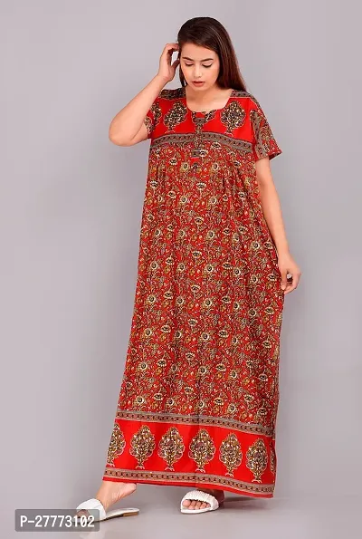 Elegant Red Cotton Printed Nighty For Women