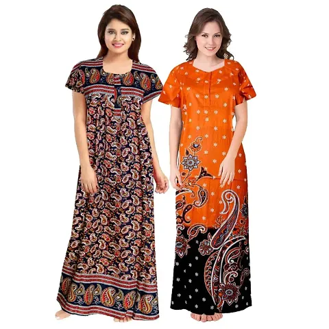 Cotton Printed Night Gowns For Women - Pack Of 2