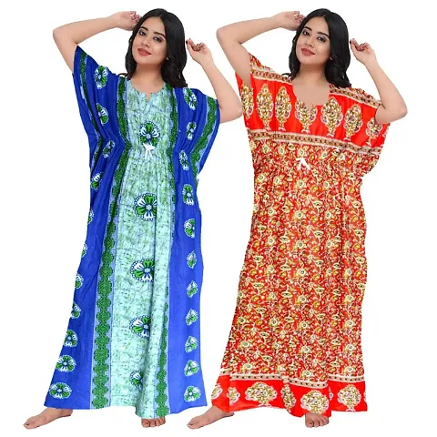 Stylish Fancy Cotton Printed Kaftan Nighty Combo For Women Pack Of 2