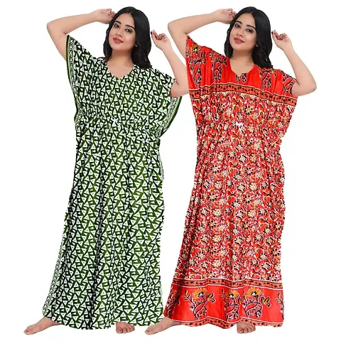 Stylish Fancy Cotton Printed Kaftan Nighty Combo For Women Pack Of 2