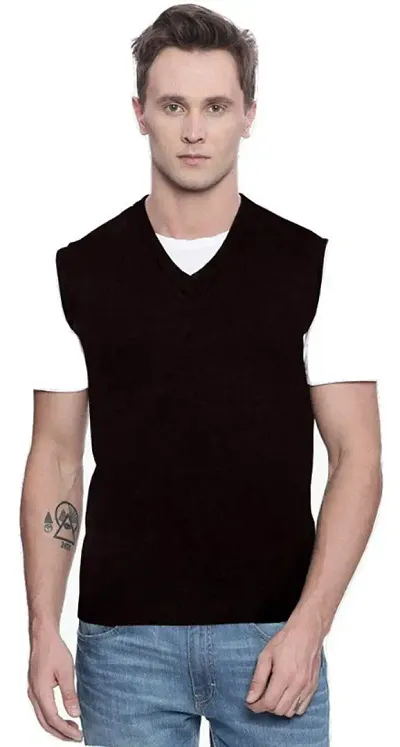 Men's Regular Fit Sleeveless Winter Wear V- Neck Wool Sweatr (Black)