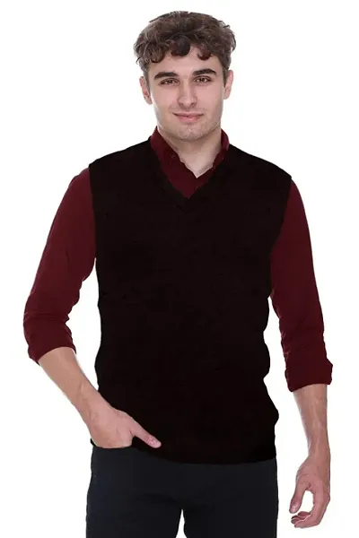 Comfortable Winter V Neck Plain Solid Sleeveless Woolen Sweater For Men