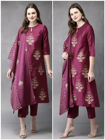 Fashion SAY Women's Cotton Regular Kurta with Pant  Dupatta (Wine)-P