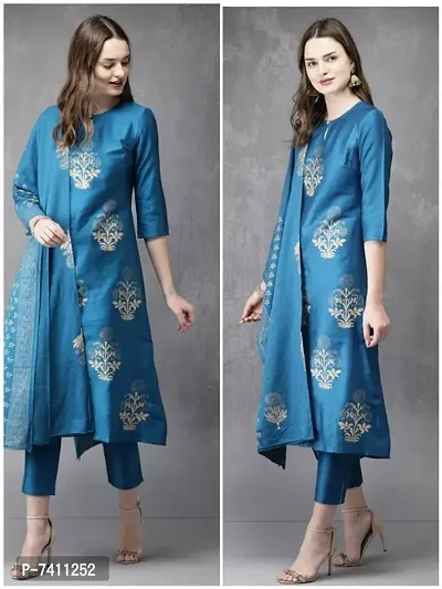 Stylish Blue Cotton Blend Foil Print Kurta with Pant And Dupatta Set For Women