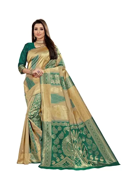 ABHI D DESIGN Women's Banarasi Silk Blend Saree With Unstitched Blouse Piece (green)