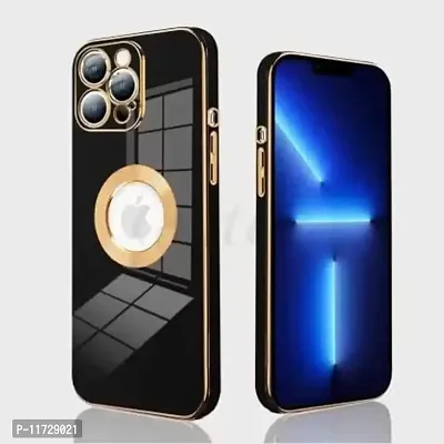 SPRING ART Back Cover for Logo View Apple I Phone 14 Promax Black Color with Gold Chrome Line Edge Slim Design