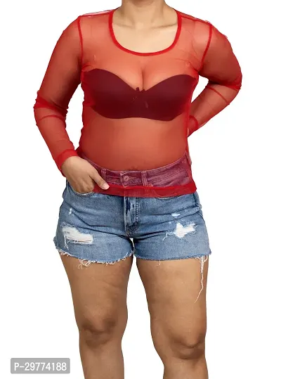 Girls and Women See Through Red Sheer Fitted Regular Length Top