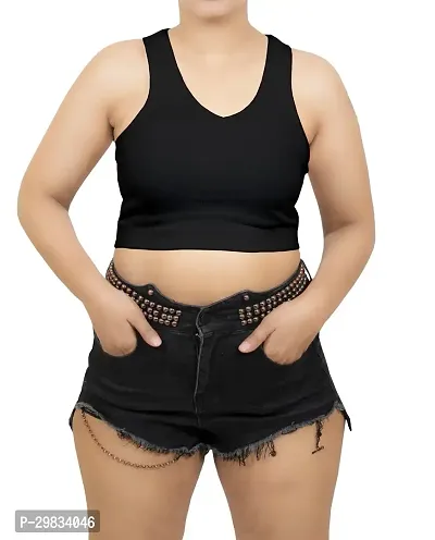 Trendy Black Cotton Solid Sleeveless Crop Top For Women