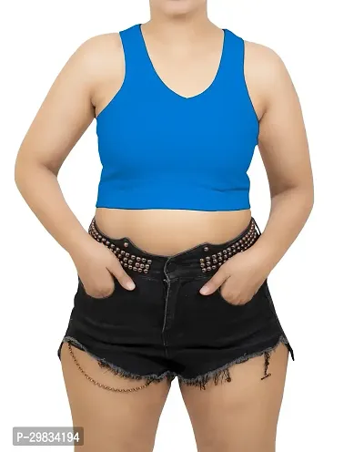 Trendy Blue Cotton Solid Sleeveless Crop Top For Women