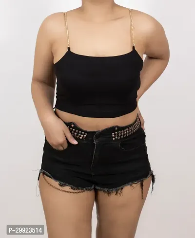 Elegant Black Fitted Cotton Sleeveless Tube Crop Top with Detachable Chain Straps-thumb0