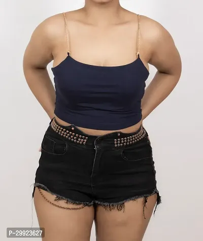 Elegant Navy Blue Fitted Cotton Sleeveless Tube Crop Top with Detachable Chain Straps