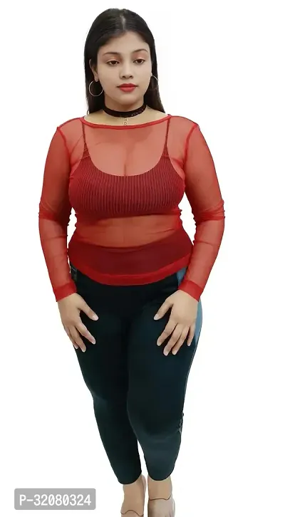 Trendy Red Boat Neck See Through Full Sleeves Top for Women