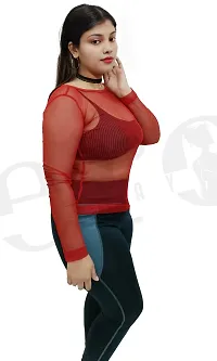 Trendy Red Boat Neck See Through Full Sleeves Top for Women-thumb3