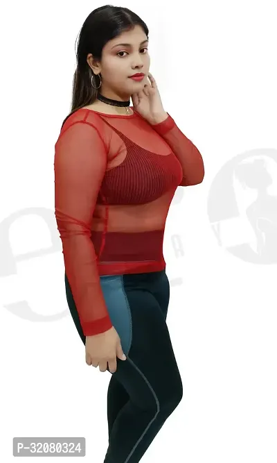 Trendy Red Boat Neck See Through Full Sleeves Top for Women-thumb4