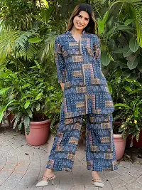 Stylish Blue Cotton Blend Printed Kurta With Pant Set For Women-thumb1