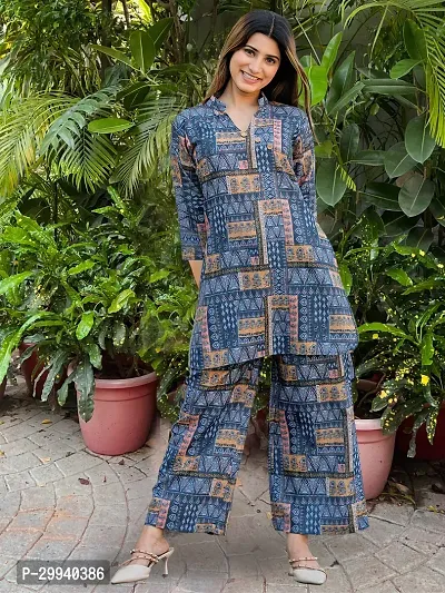 Stylish Blue Cotton Blend Printed Kurta With Pant Set For Women-thumb2