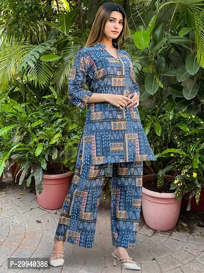 Stylish Blue Cotton Blend Printed Kurta With Pant Set For Women-thumb0