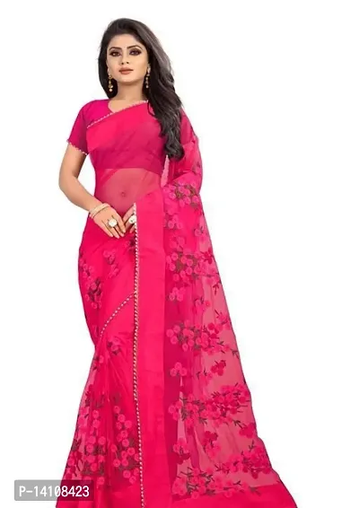 Stylish Net Red Self Pattern Saree With Blouse Piece