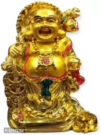 Laughing Buddha With A Sack Or Bag Of Wealth Decorative Showpiece - 15 Cm (Resin, Polyresin, Fiber, Gold)