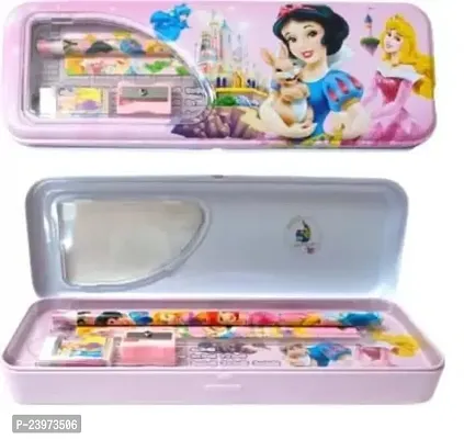 Disney Princess Design Metal Pencil Set Box For Girls Disney Art Metal Pencil Box  (Set of 1, Pink)-thumb0