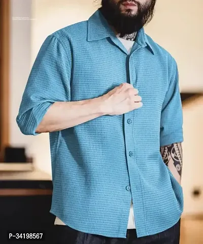 Aqua Blue Mens Regular Fit Self Design Casual Full Sleeve Shirt.-thumb0