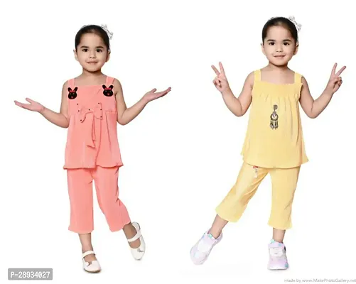 Stylish Multicoloured Cotton Blend Top With Bottom Set For Girls Pack Of 2