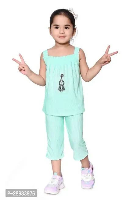 Stylish Turquoise Cotton Blend Top With Bottom Set For Girls