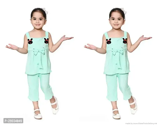 Stylish Turquoise Cotton Blend Top With Bottom Set For Girls Pack Of 2