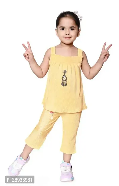 Stylish Yellow Cotton Blend Top With Bottom Set For Girls-thumb0