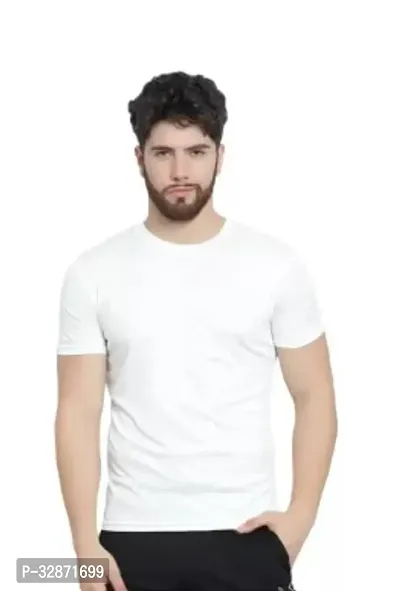 Stylish White Polyester Blend Solid Round Neck Tees For Men-thumb0