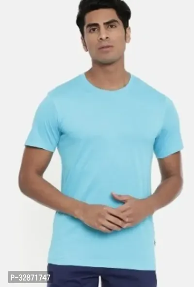 Stylish Blue Polyester Blend Solid Round Neck Tees For Men-thumb0