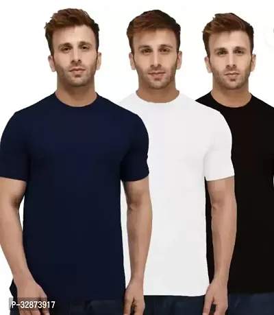 Stylish Polyester Solid Short Sleeves Round Neck Tees For Men Pack Of 3-thumb0