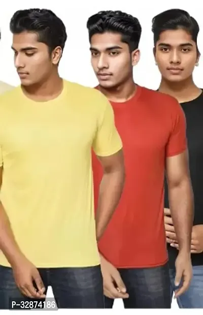 Stylish Polyester Solid Short Sleeves Round Neck Tees For Men Pack Of 3-thumb0