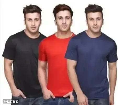 Stylish Polyester Solid Short Sleeves Round Neck Tees For Men Pack Of 3-thumb0