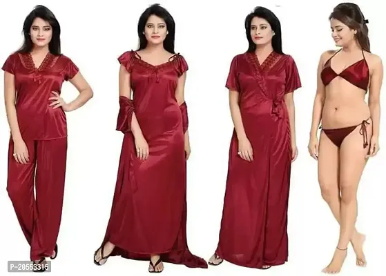 Women's Satin Solid Maxi Nighty (Red Satin Nighty Combo- 6_Red_Free Size)