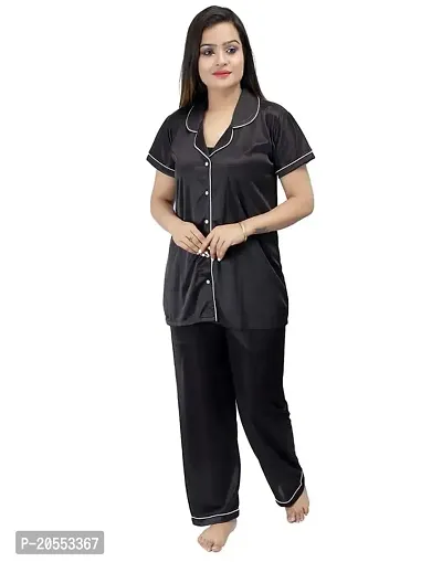 Ansh Collection Women's Satin 2 Pcs Night Suit Set (1 Shirt, 1 Pyjama)- Black (XL); [Satin-1-Black-Ns-XL]-thumb0