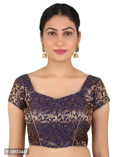 FIGURE UP Women's Printed Half Sleeve Round Neck Navy Blue Chanderi Blouse for Casual Wear 40-thumb0